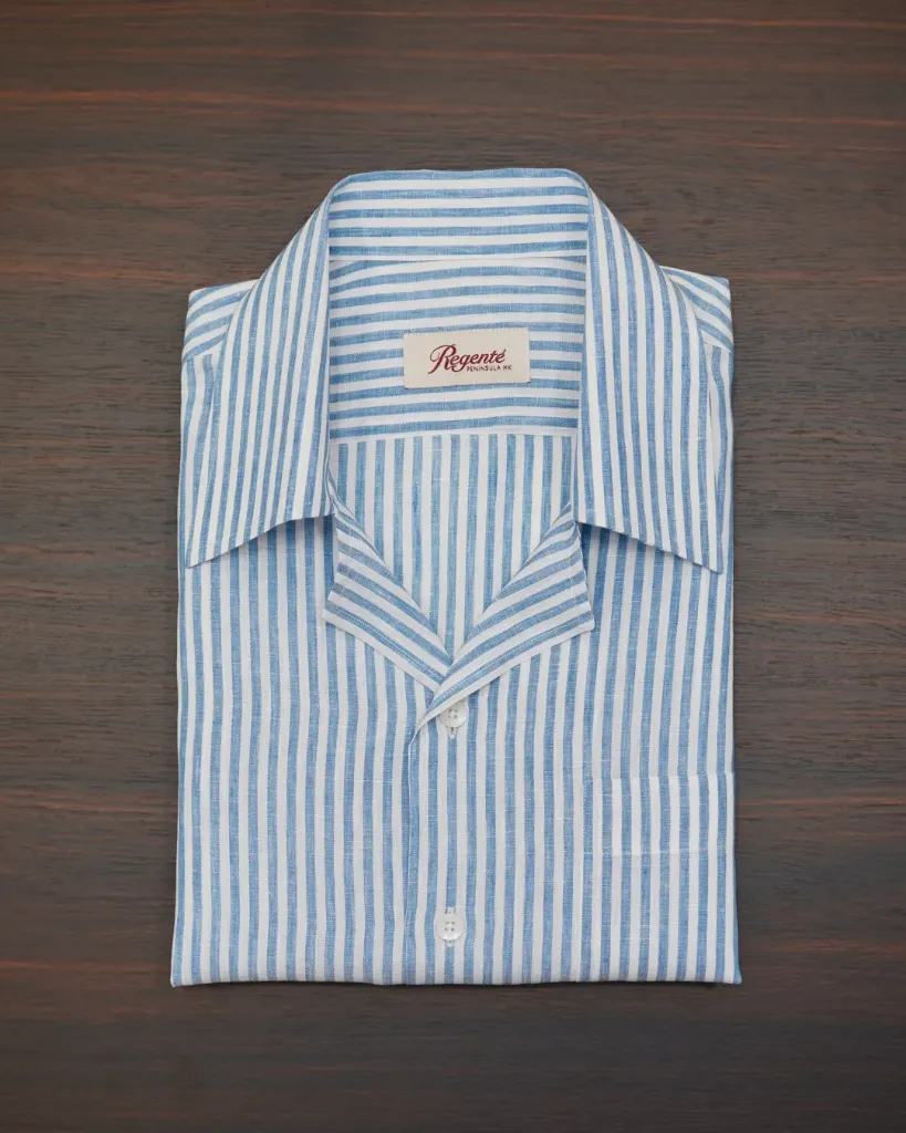 [RS046] Blue Stripe Camp-Collar Linen Shirt