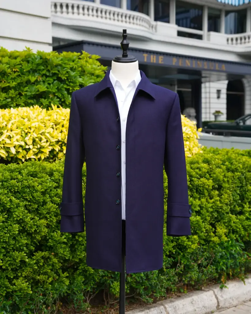 Dark Blue Herringbone Virgin Wool Raglan Overcoat | Regent Shop